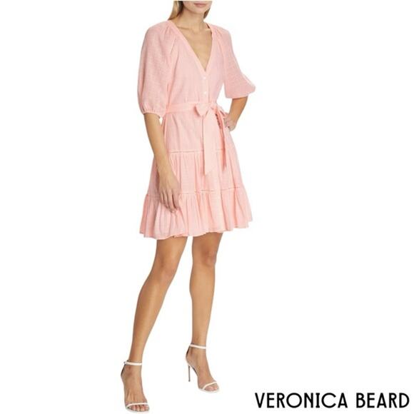 Veronica Beard Dewey Tiered Cotton Button-Up Tie Waist Dress Pink Haze Sz 8 - Picture 13 of 15